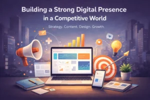 A conceptual digital illustration for marketing. In the center, a laptop and smartphone display data dashboards. They are surrounded by various 3D icons: an orange megaphone, a glowing lightbulb, a bullseye target with an arrow, and bar graphs rising into the air. The background shows a stylized, twilight-toned city skyline with the text "Building a Strong Digital Presence in a Competitive World" and "Strategy. Content. Design. Growth."