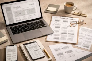 A top-down aesthetic view of a designer's desk covered in website wireframes. A laptop, two smartphones, and several sheets of paper all display matching low-fidelity website layouts and UI components. The desk is also occupied by a cup of coffee, a pair of gold-rimmed glasses resting on a clipboard, a notebook, and a gold pen. The scene is bathed in warm, natural sunlight on a textured beige surface.