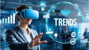 A professional woman in a grey business suit wearing a blue VR headset in a futuristic office setting. She is reaching out with her hand toward a glowing digital interface. The interface displays the word "TRENDS" prominently in the center, surrounded by icons for lightbulbs, handshakes, and bar graphs. The overall color scheme is dominated by high-tech blue and cyan tones with a blurred office background.